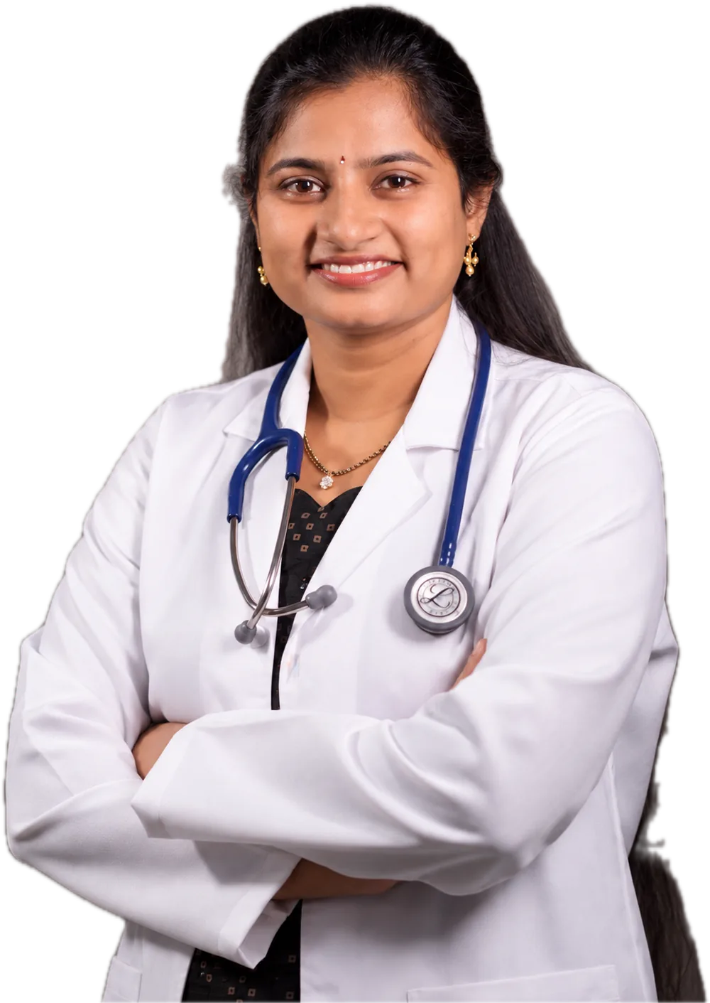 Dr. Tejaswini Tumma in a white coat with a stethoscope