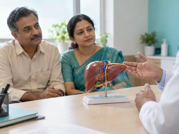 A doctor explaining liver health using an anatomy model.